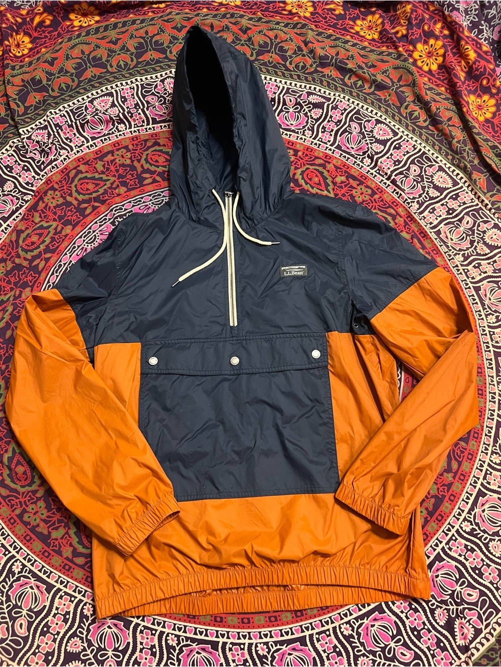 LL Bean Signature Colorblock Pullover Windbreaker Jacket Hooded Unisex Sz M